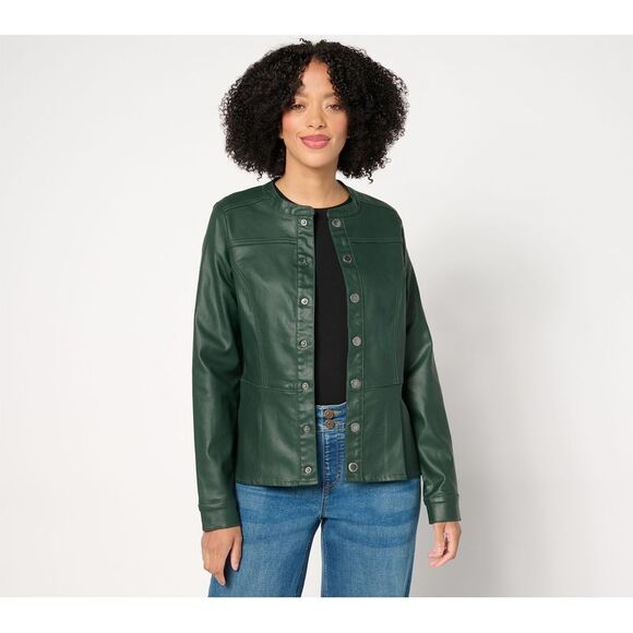 Susan Graver Women's Jacket Sz L Coated Denim Peplum Green A670193 - Picture 1 of 4